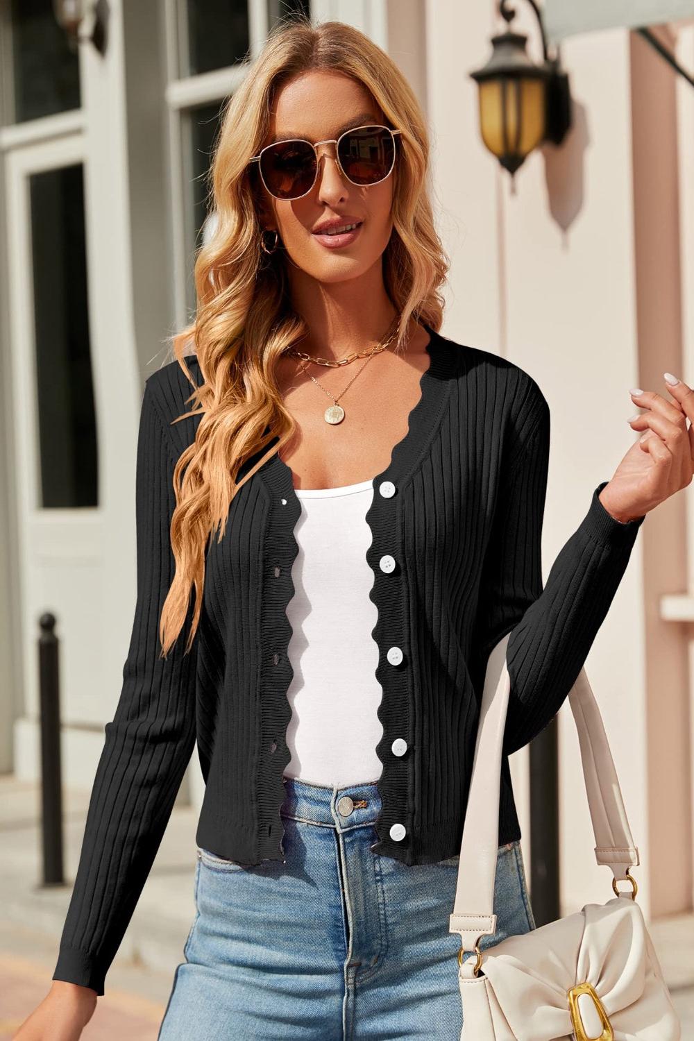 Button-up long sleeve cardigan in a soft knit with textured sleeve edges