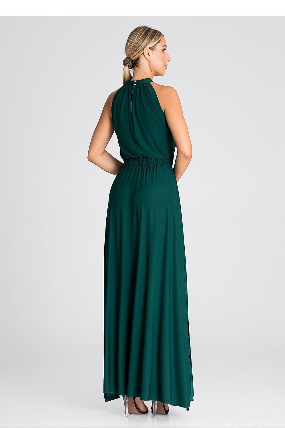 Elegant cocktail maxi dress with an elastic waistband, offering a floor-length silhouette and a comfortable, tailored fit that enhances the waist.