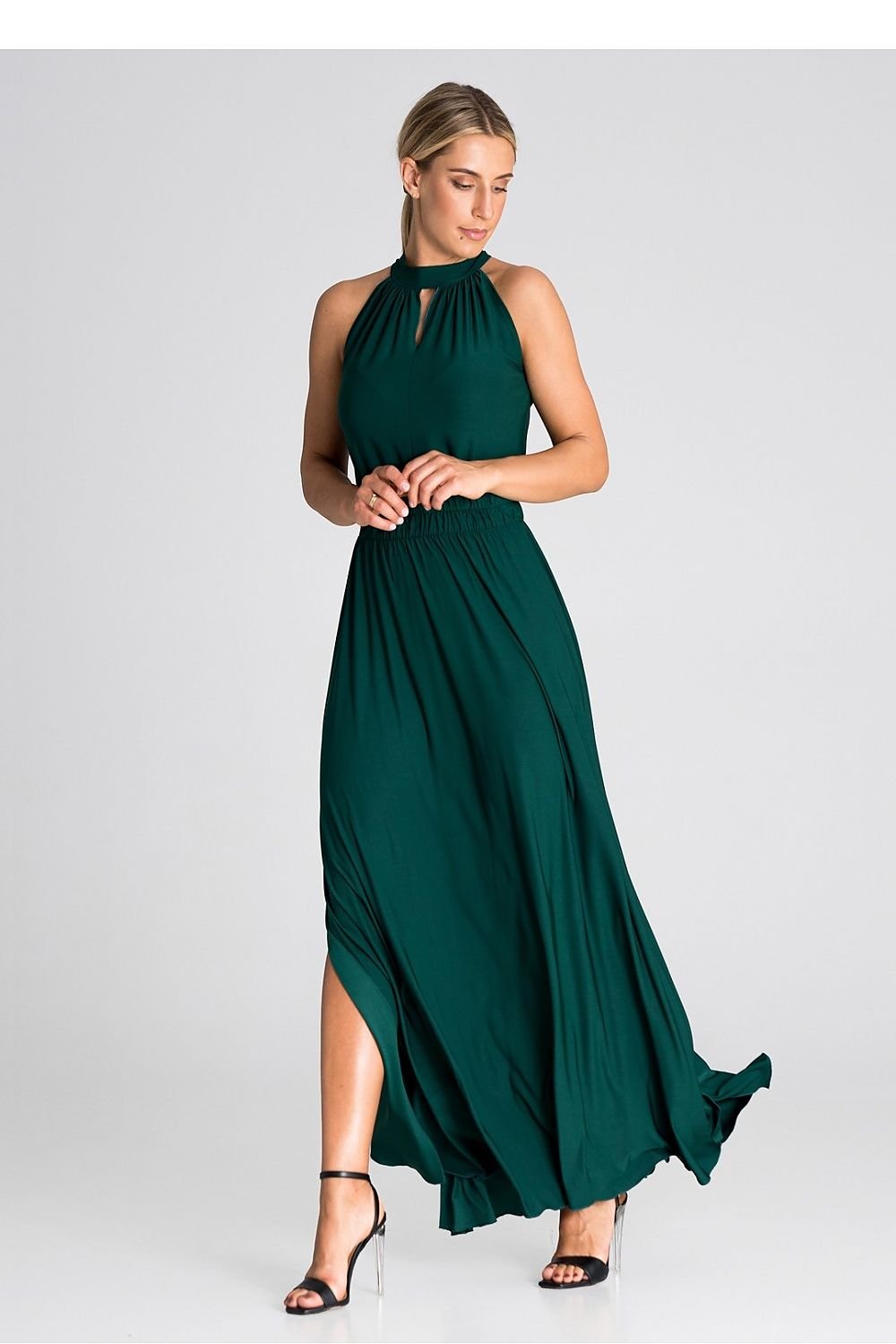 Elegant cocktail maxi dress with an elastic waistband, offering a floor-length silhouette and a comfortable, tailored fit that enhances the waist.