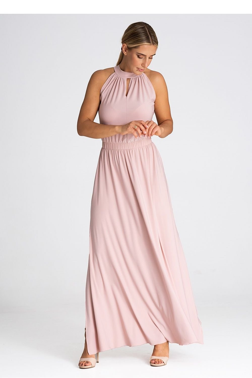 Elegant cocktail maxi dress with an elastic waistband, offering a floor-length silhouette and a comfortable, tailored fit that enhances the waist.