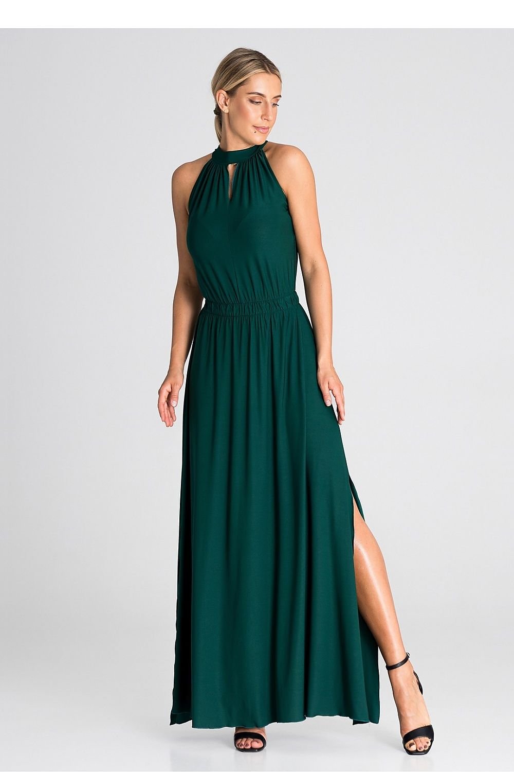 Elegant cocktail maxi dress with an elastic waistband, offering a floor-length silhouette and a comfortable, tailored fit that enhances the waist.