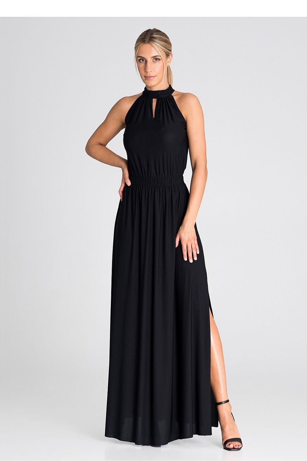 Elegant cocktail maxi dress with an elastic waistband, offering a floor-length silhouette and a comfortable, tailored fit that enhances the waist.