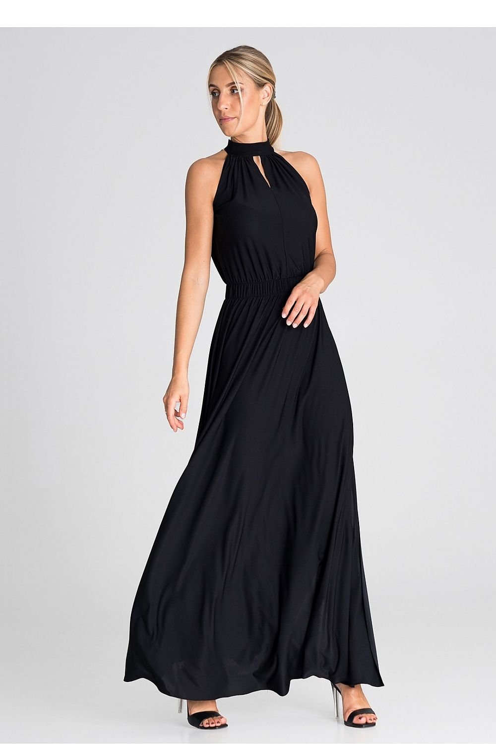 Elegant cocktail maxi dress with an elastic waistband, offering a floor-length silhouette and a comfortable, tailored fit that enhances the waist.