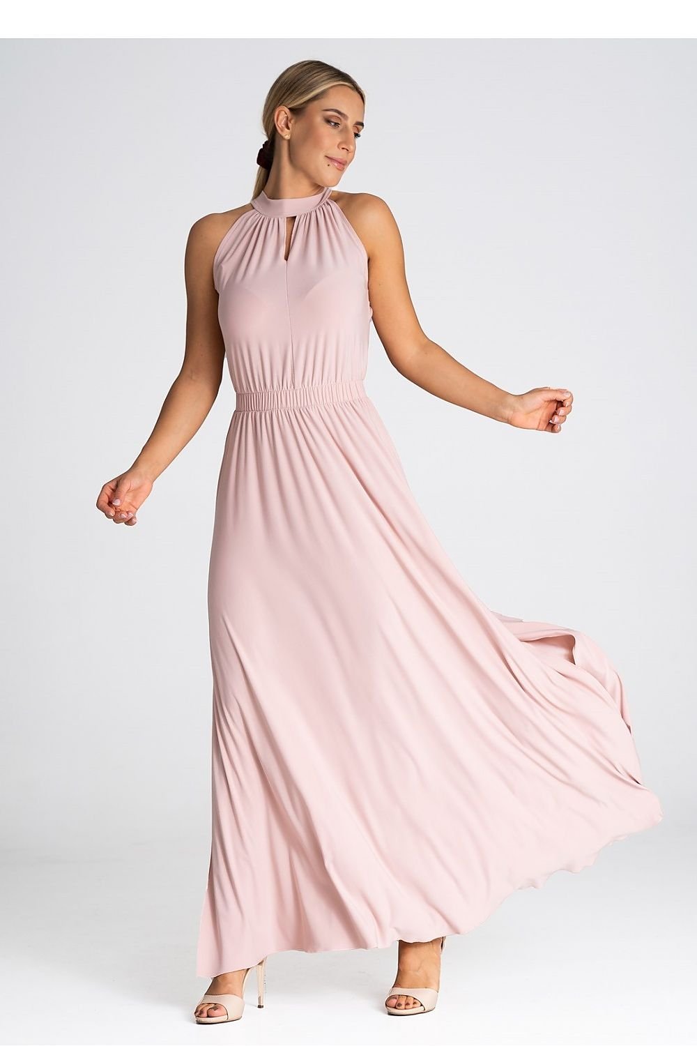 Elegant cocktail maxi dress with an elastic waistband, offering a floor-length silhouette and a comfortable, tailored fit that enhances the waist.