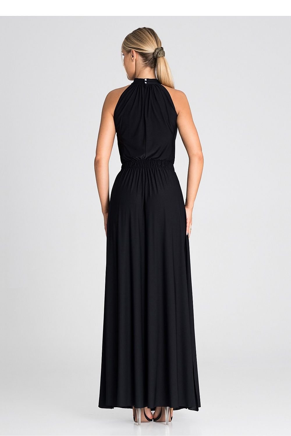 Elegant cocktail maxi dress with an elastic waistband, offering a floor-length silhouette and a comfortable, tailored fit that enhances the waist.