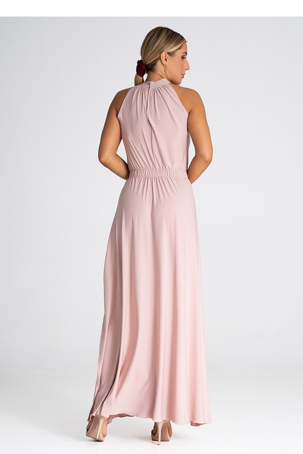 Elegant cocktail maxi dress with an elastic waistband, offering a floor-length silhouette and a comfortable, tailored fit that enhances the waist.