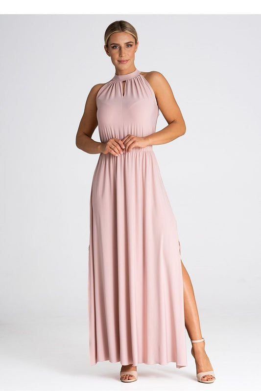 Elegant cocktail maxi dress with an elastic waistband, offering a floor-length silhouette and a comfortable, tailored fit that enhances the waist.