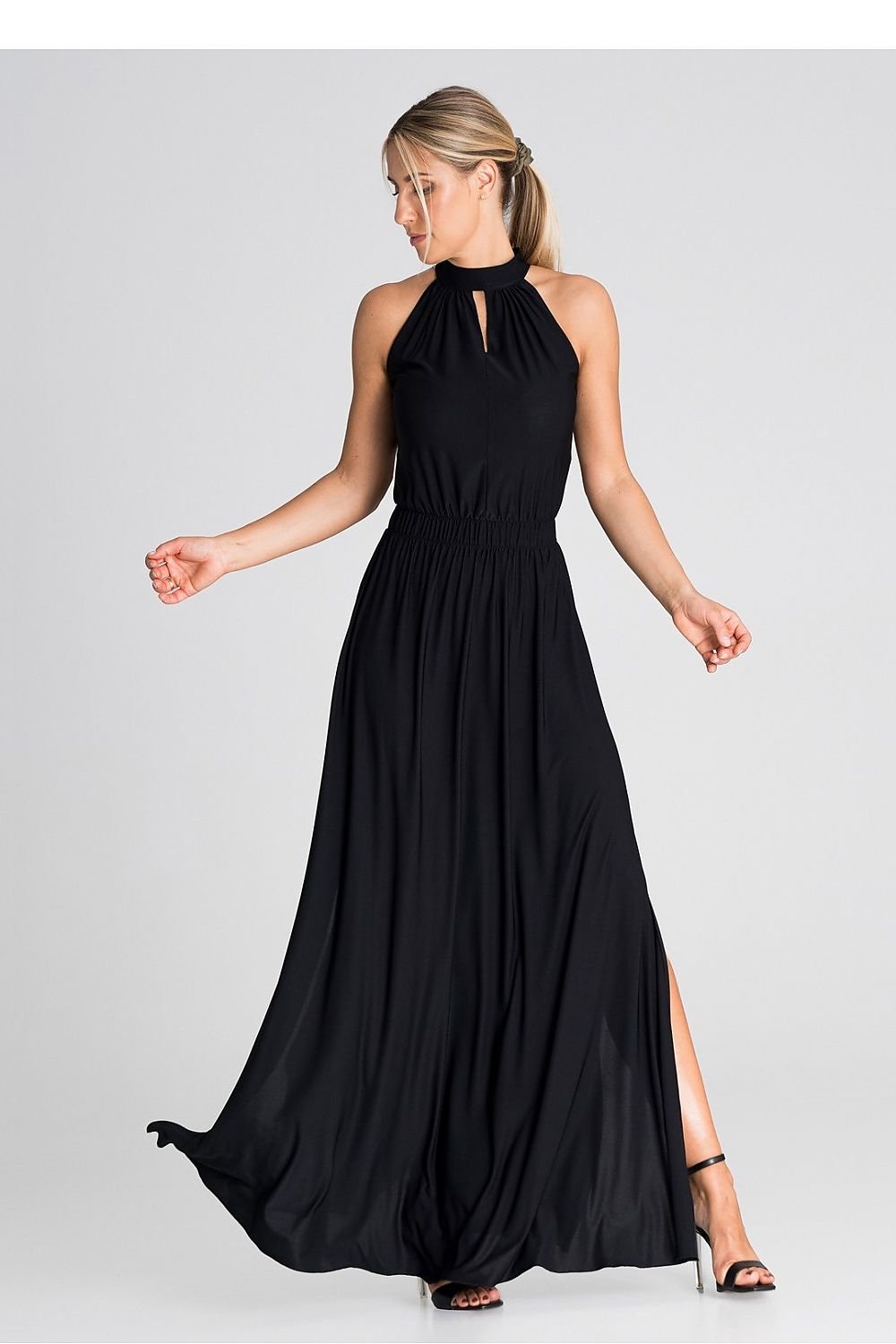 Elegant cocktail maxi dress with an elastic waistband, offering a floor-length silhouette and a comfortable, tailored fit that enhances the waist.