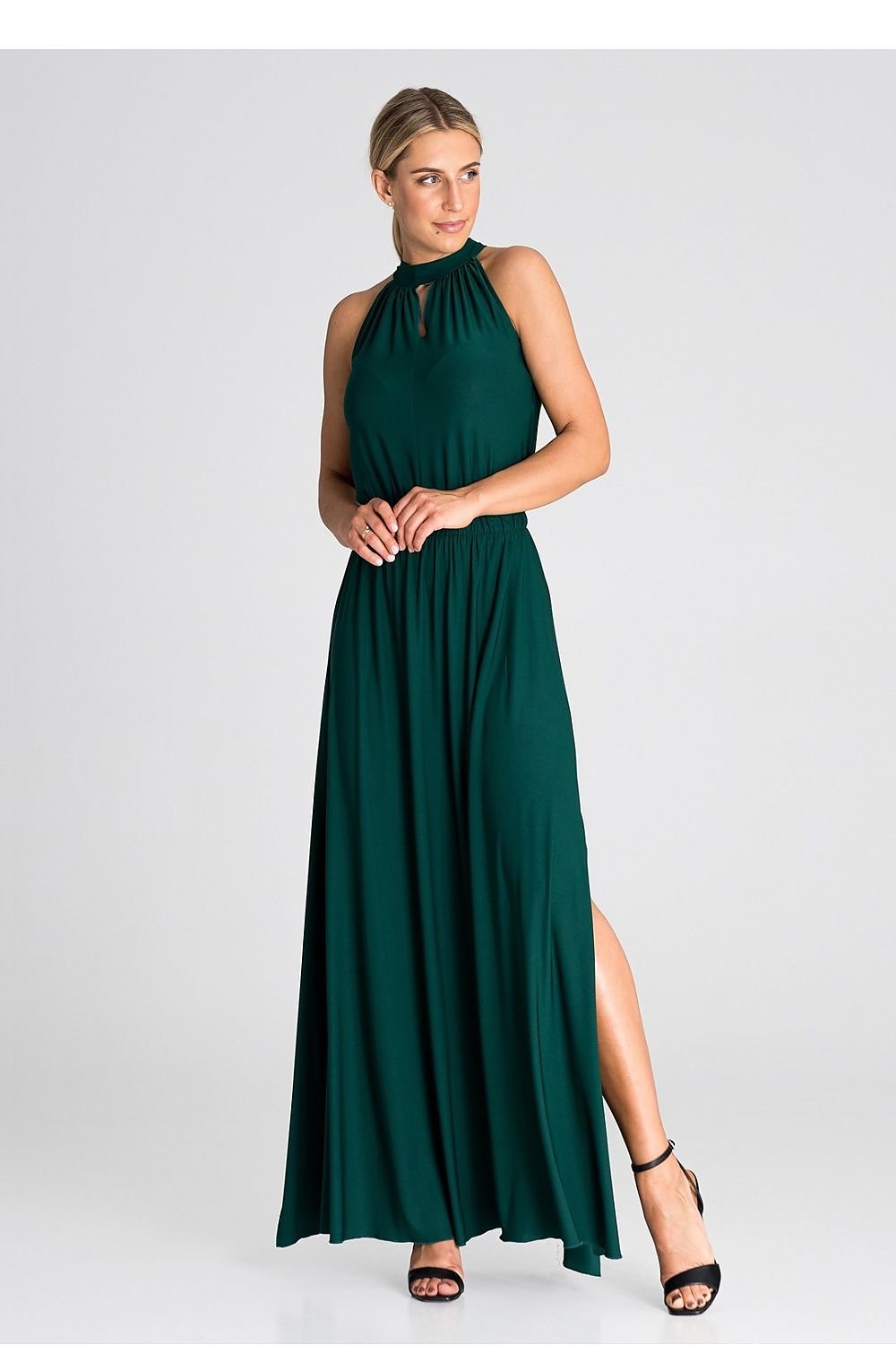 Elegant cocktail maxi dress with an elastic waistband, offering a floor-length silhouette and a comfortable, tailored fit that enhances the waist.