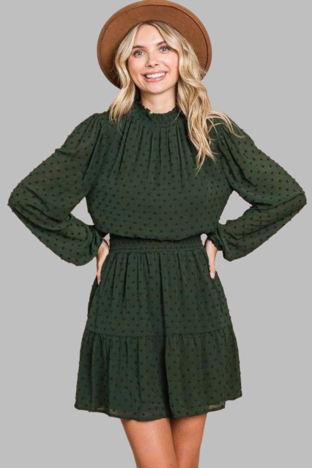 Culture Code Swiss Dot Smock Neck Mini Dress with pockets, featuring a smock neck, long sleeves, and a relaxed fit in lightweight crinkle chiffon.