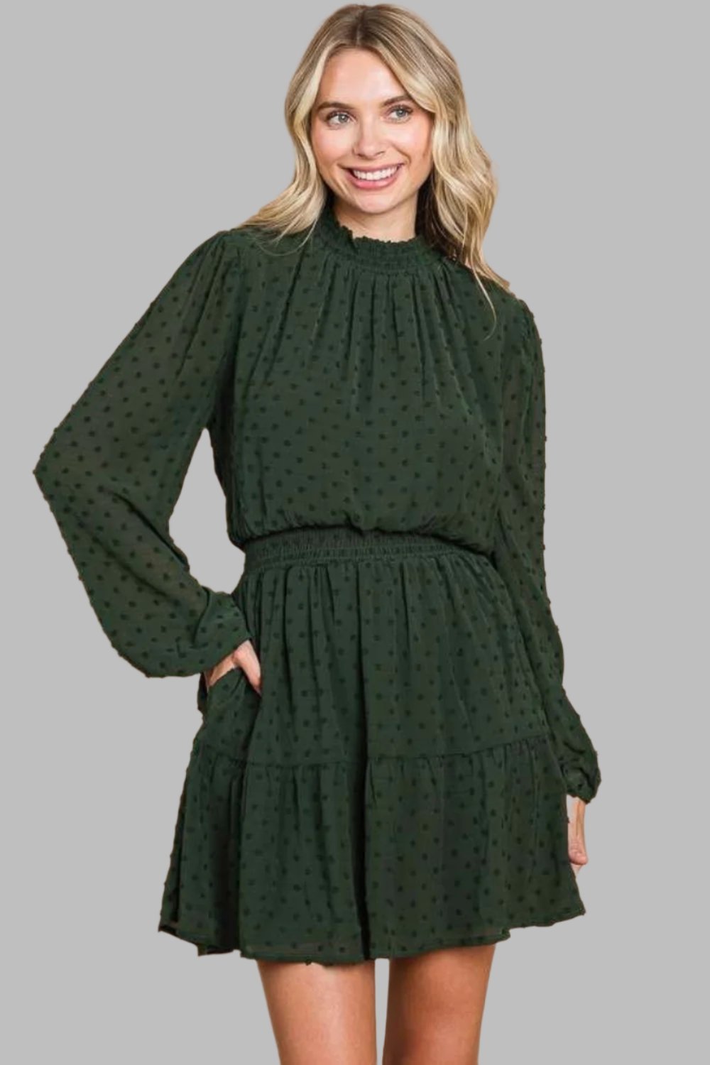 Culture Code Swiss Dot Smock Neck Mini Dress with pockets, featuring a smock neck, long sleeves, and a relaxed fit in lightweight crinkle chiffon.