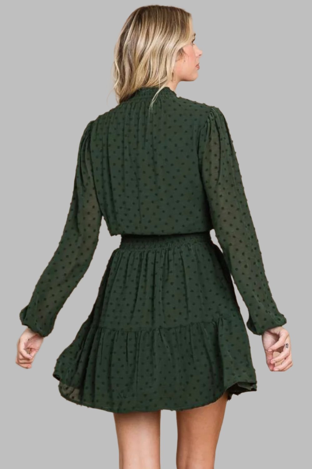 Culture Code Swiss Dot Smock Neck Mini Dress with pockets, featuring a smock neck, long sleeves, and a relaxed fit in lightweight crinkle chiffon.