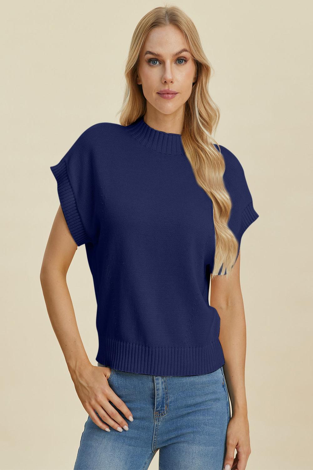  A light gray Double Take full size mock neck short sleeve sweater displayed on a mannequin featuring a relaxed fit and soft texture.