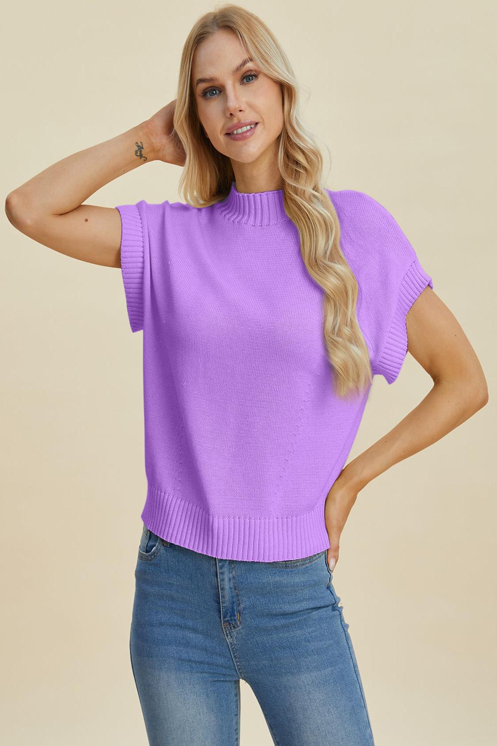  A light gray Double Take full size mock neck short sleeve sweater displayed on a mannequin featuring a relaxed fit and soft texture.