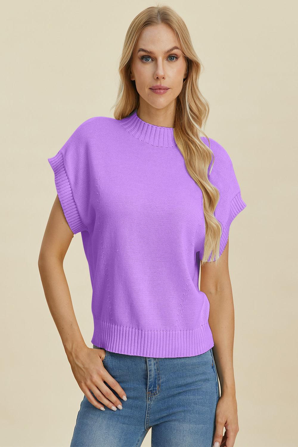  A light gray Double Take full size mock neck short sleeve sweater displayed on a mannequin featuring a relaxed fit and soft texture.