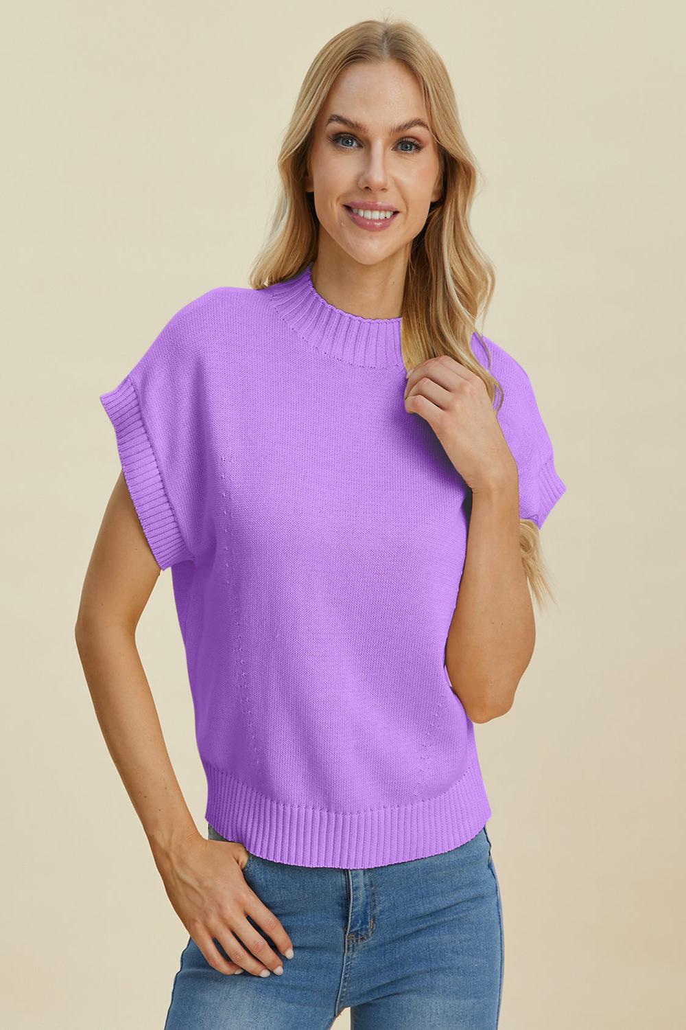  A light gray Double Take full size mock neck short sleeve sweater displayed on a mannequin featuring a relaxed fit and soft texture.