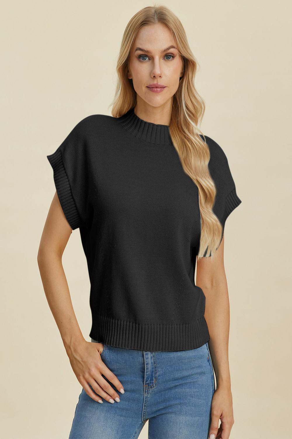  A light gray Double Take full size mock neck short sleeve sweater displayed on a mannequin featuring a relaxed fit and soft texture.