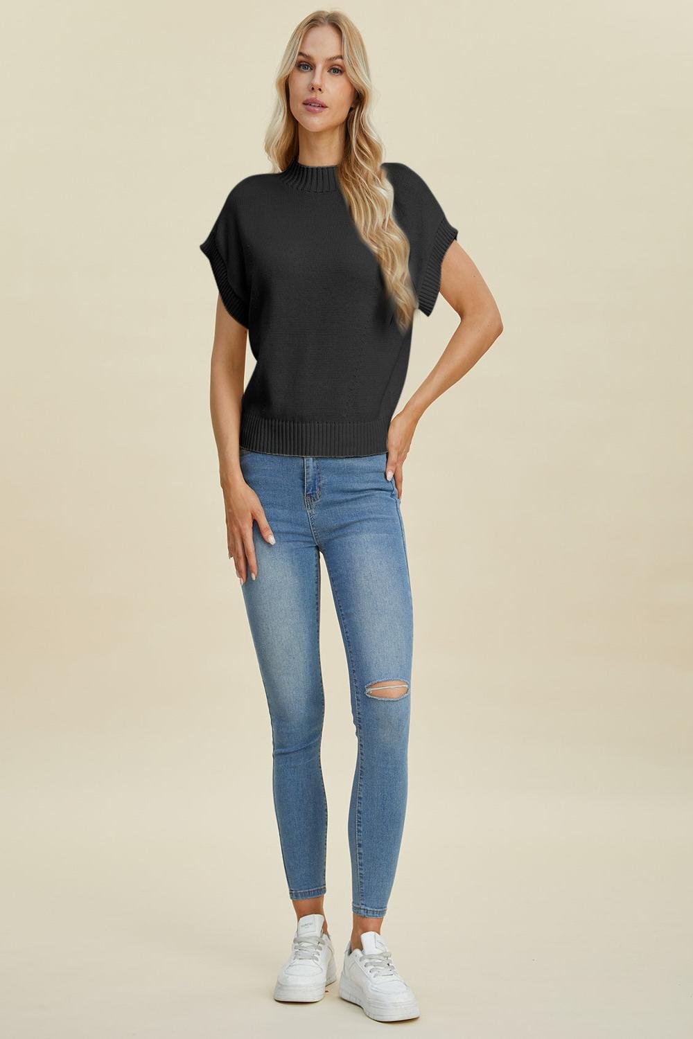  A light gray Double Take full size mock neck short sleeve sweater displayed on a mannequin featuring a relaxed fit and soft texture.