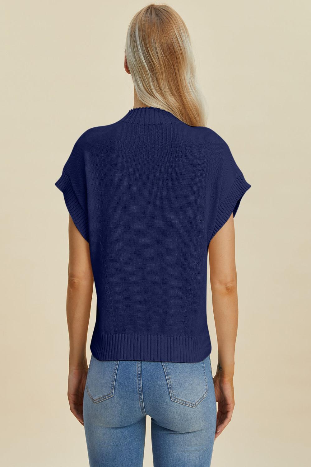  A light gray Double Take full size mock neck short sleeve sweater displayed on a mannequin featuring a relaxed fit and soft texture.