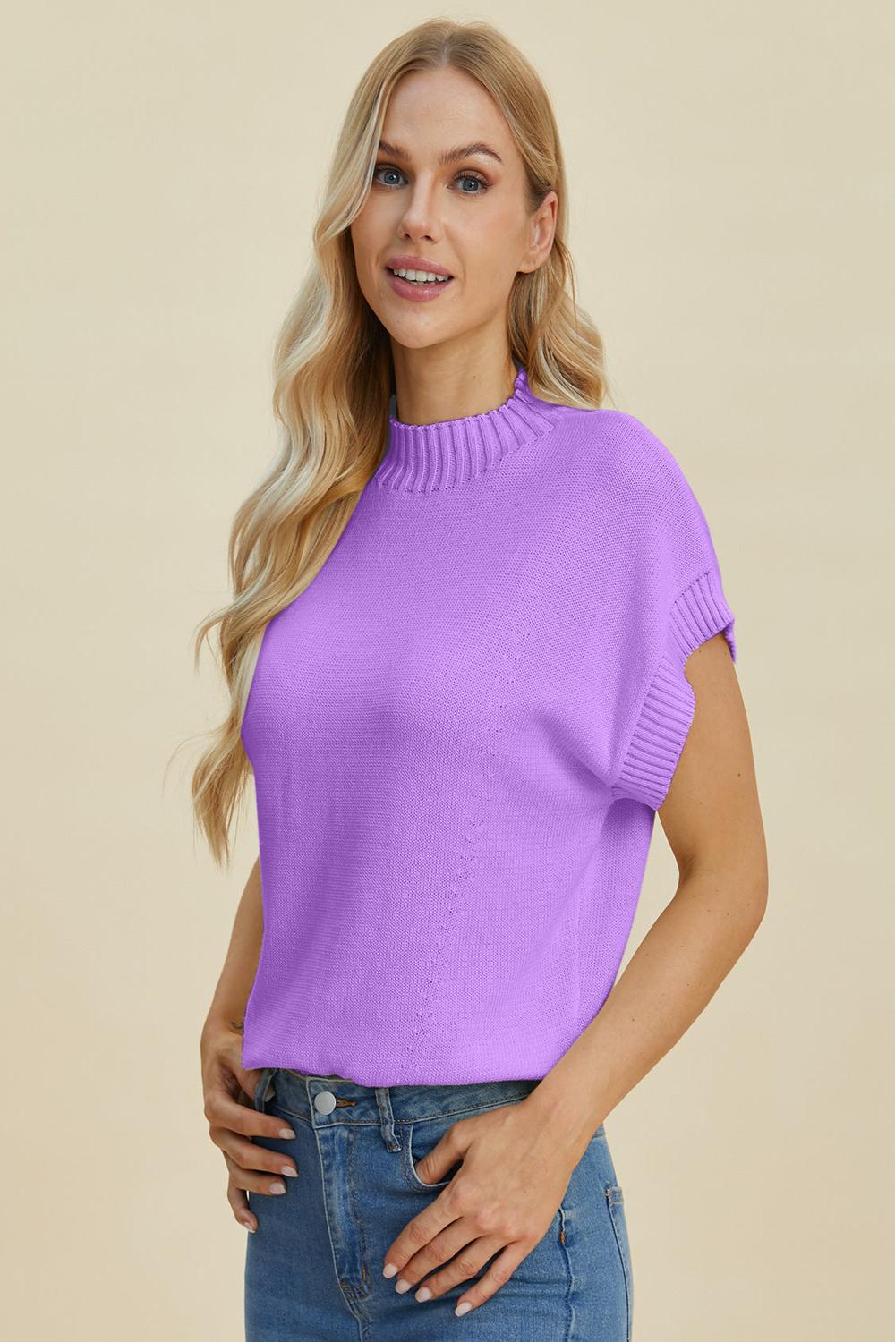  A light gray Double Take full size mock neck short sleeve sweater displayed on a mannequin featuring a relaxed fit and soft texture.