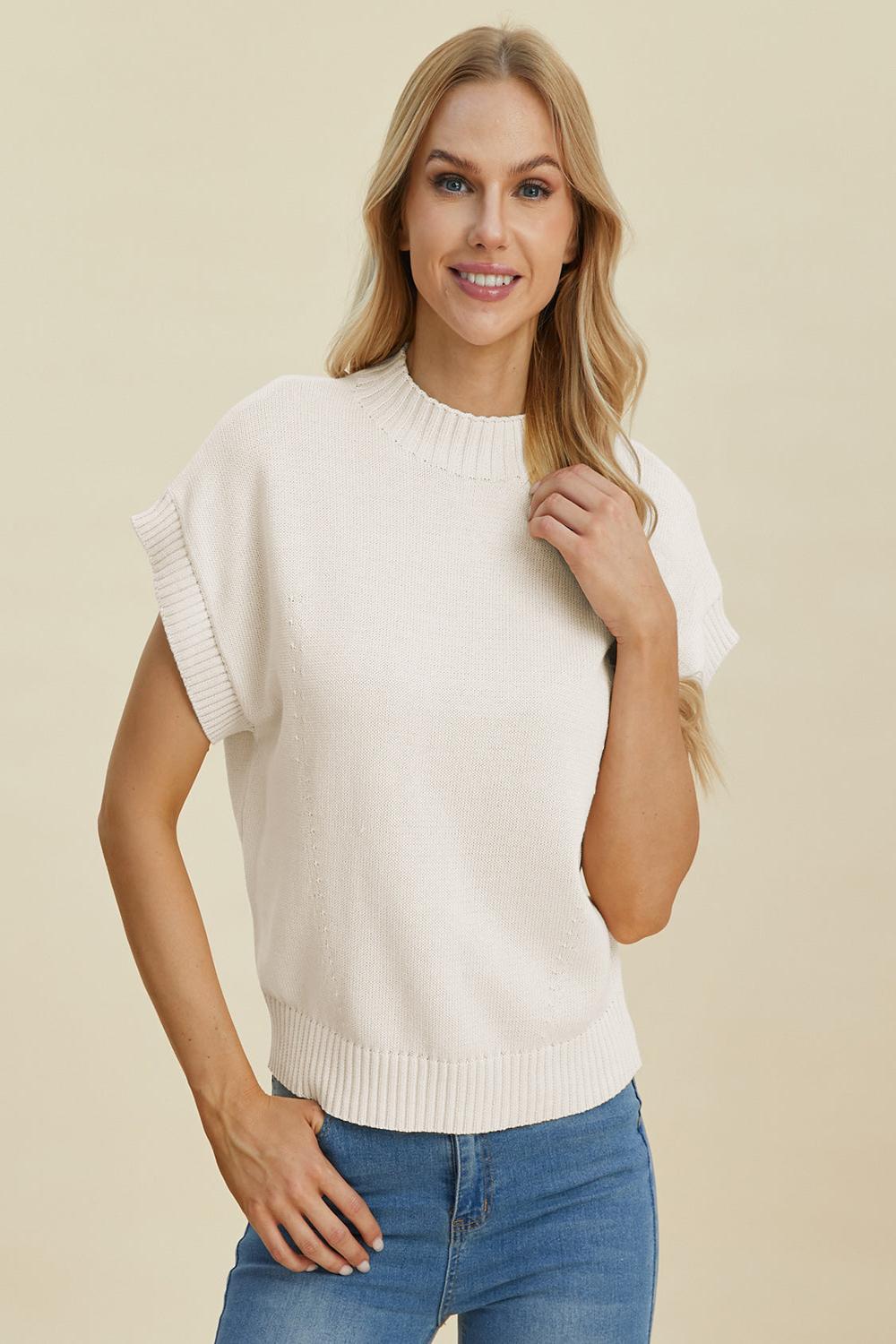  A light gray Double Take full size mock neck short sleeve sweater displayed on a mannequin featuring a relaxed fit and soft texture.