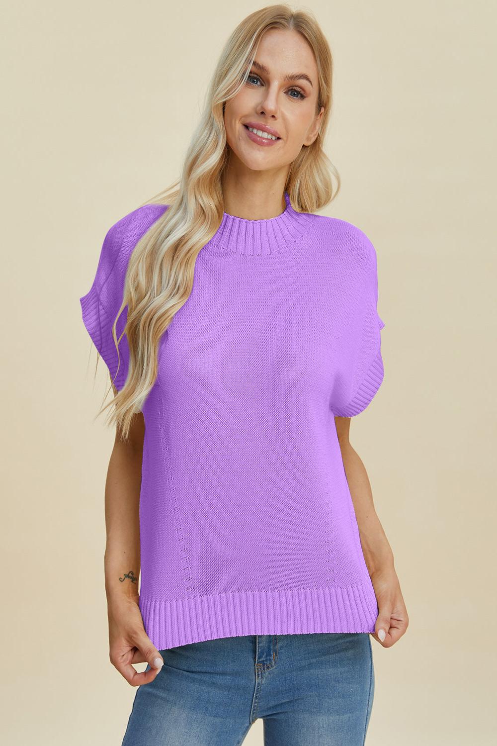  A light gray Double Take full size mock neck short sleeve sweater displayed on a mannequin featuring a relaxed fit and soft texture.