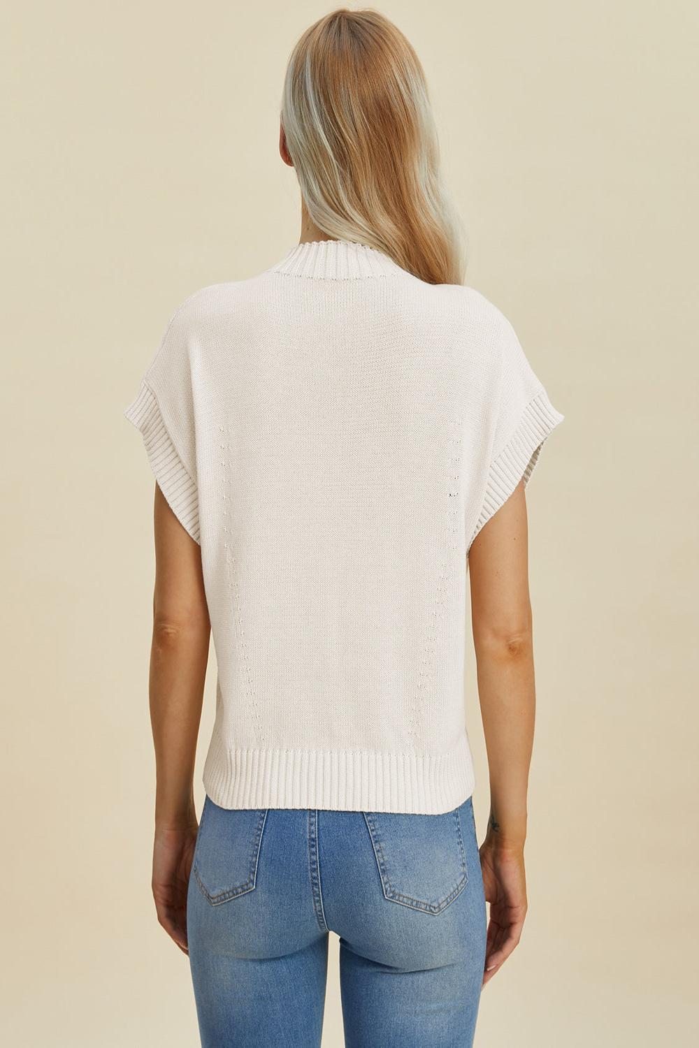  A light gray Double Take full size mock neck short sleeve sweater displayed on a mannequin featuring a relaxed fit and soft texture.