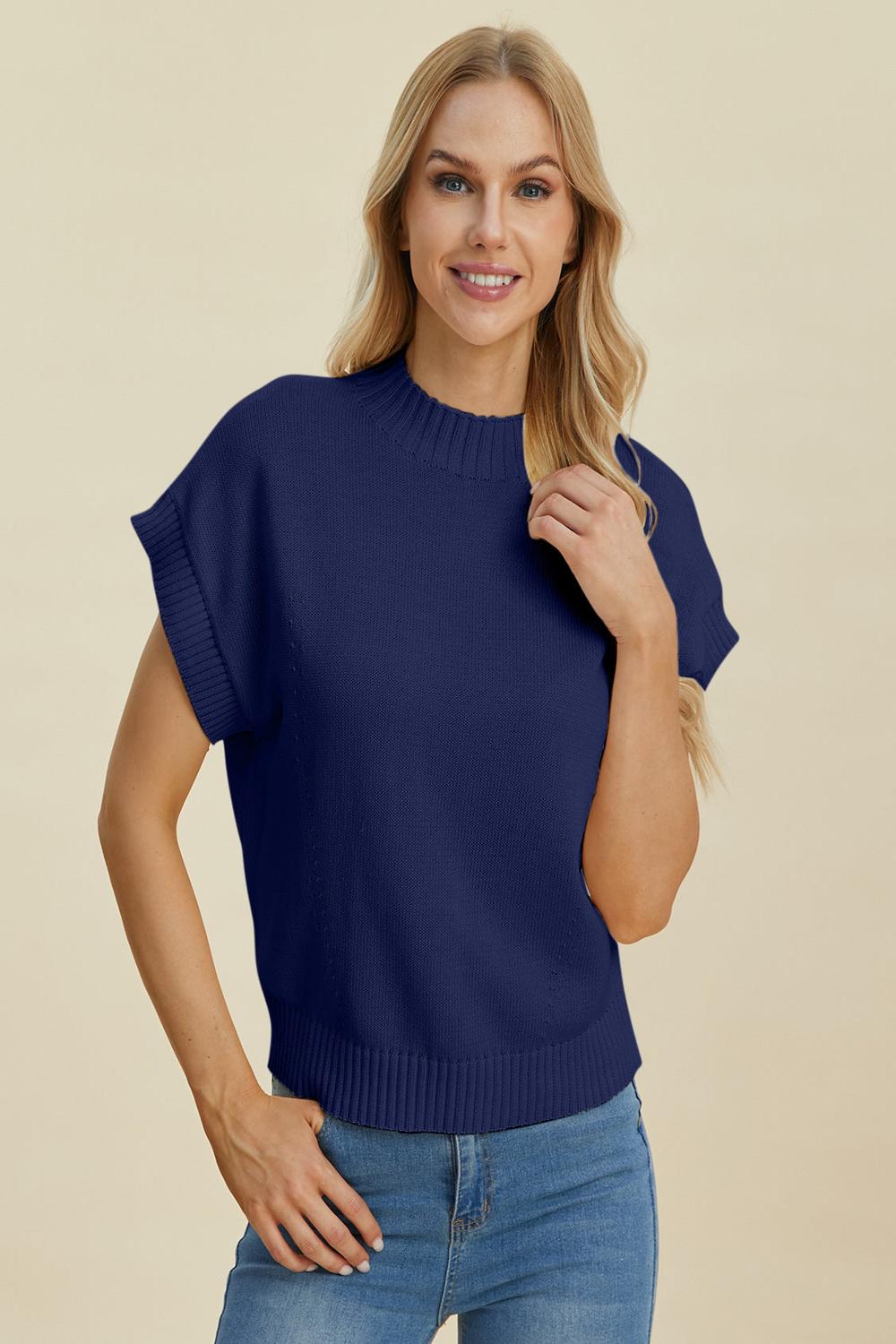  A light gray Double Take full size mock neck short sleeve sweater displayed on a mannequin featuring a relaxed fit and soft texture.