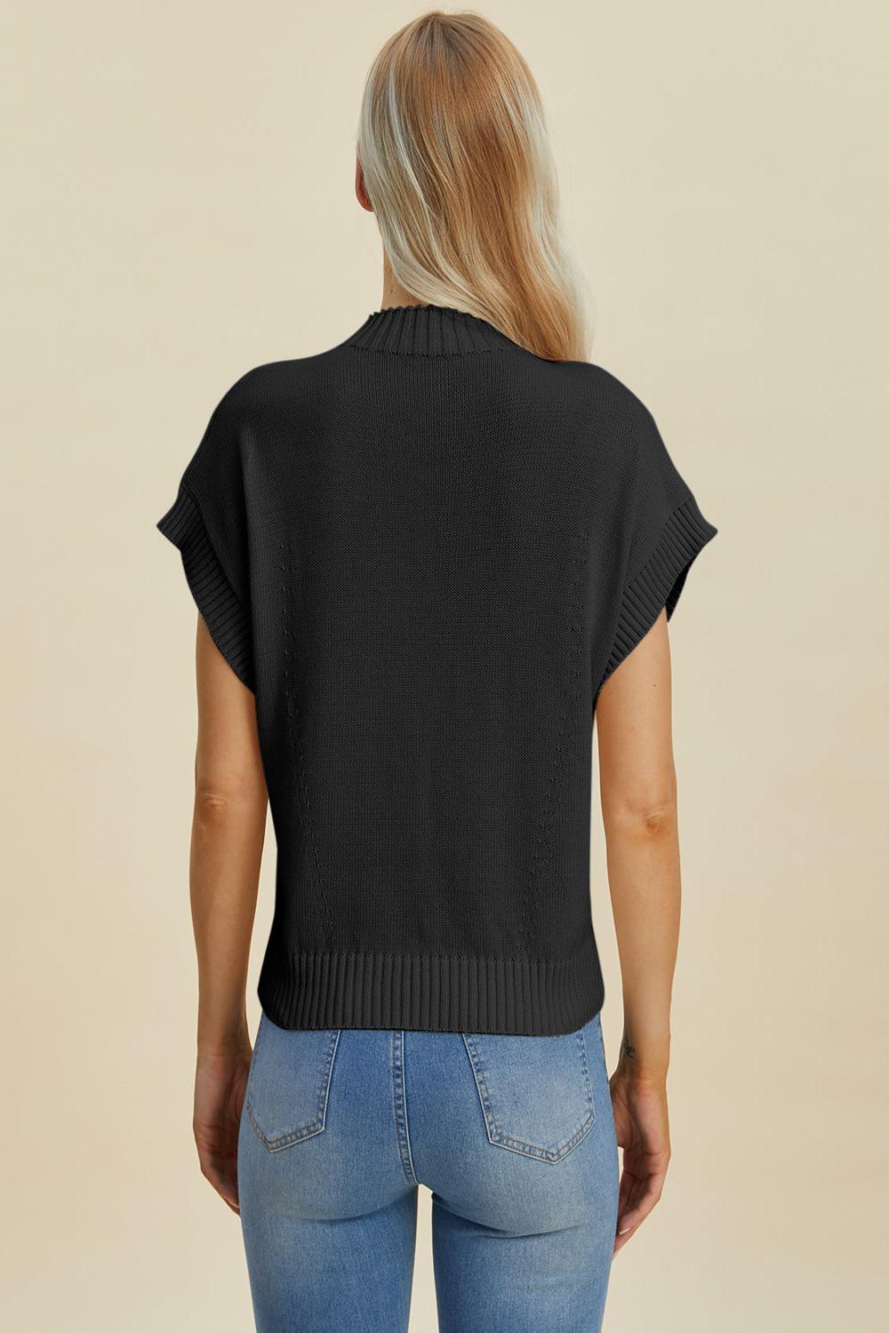  A light gray Double Take full size mock neck short sleeve sweater displayed on a mannequin featuring a relaxed fit and soft texture.