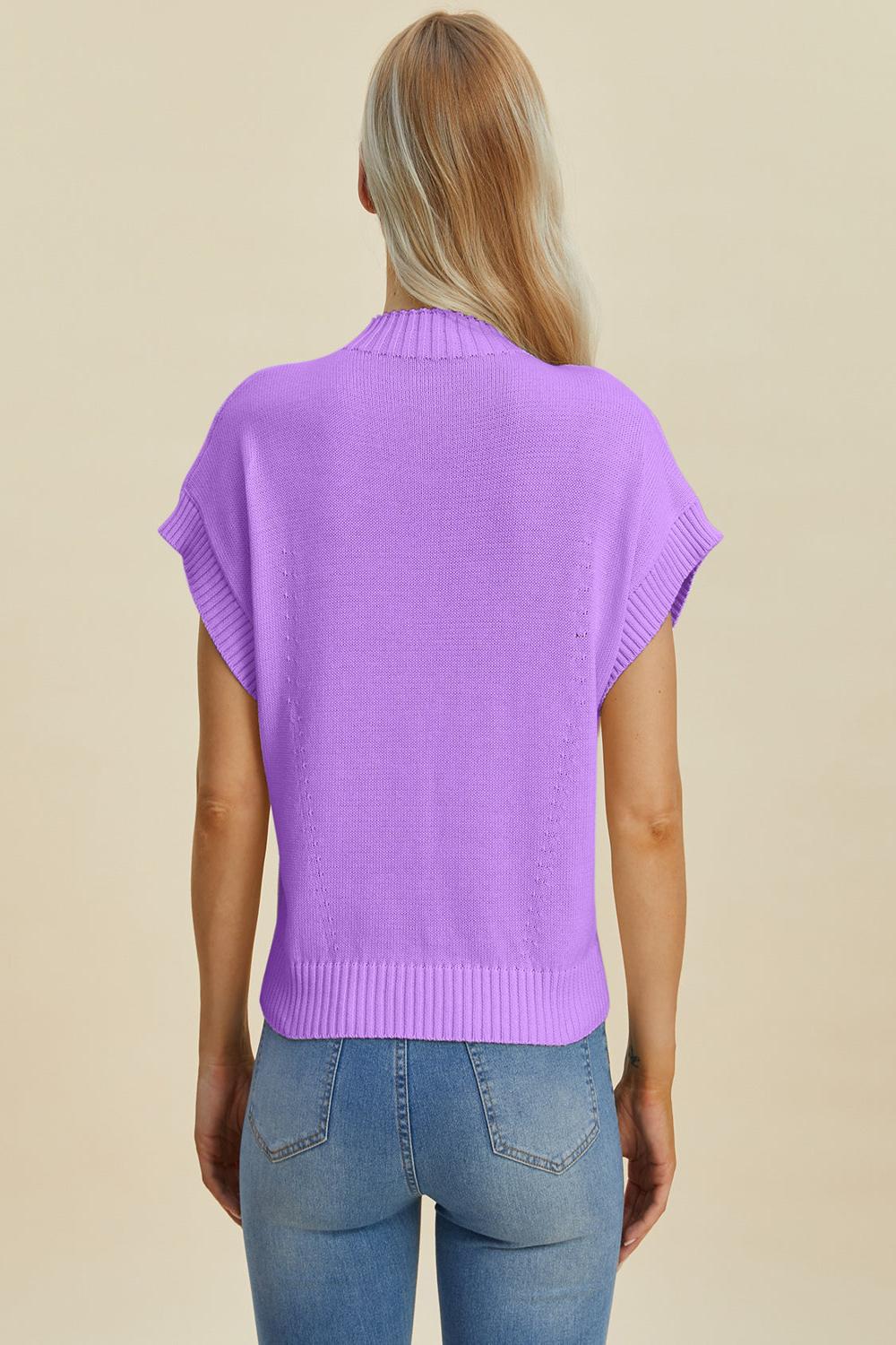  A light gray Double Take full size mock neck short sleeve sweater displayed on a mannequin featuring a relaxed fit and soft texture.