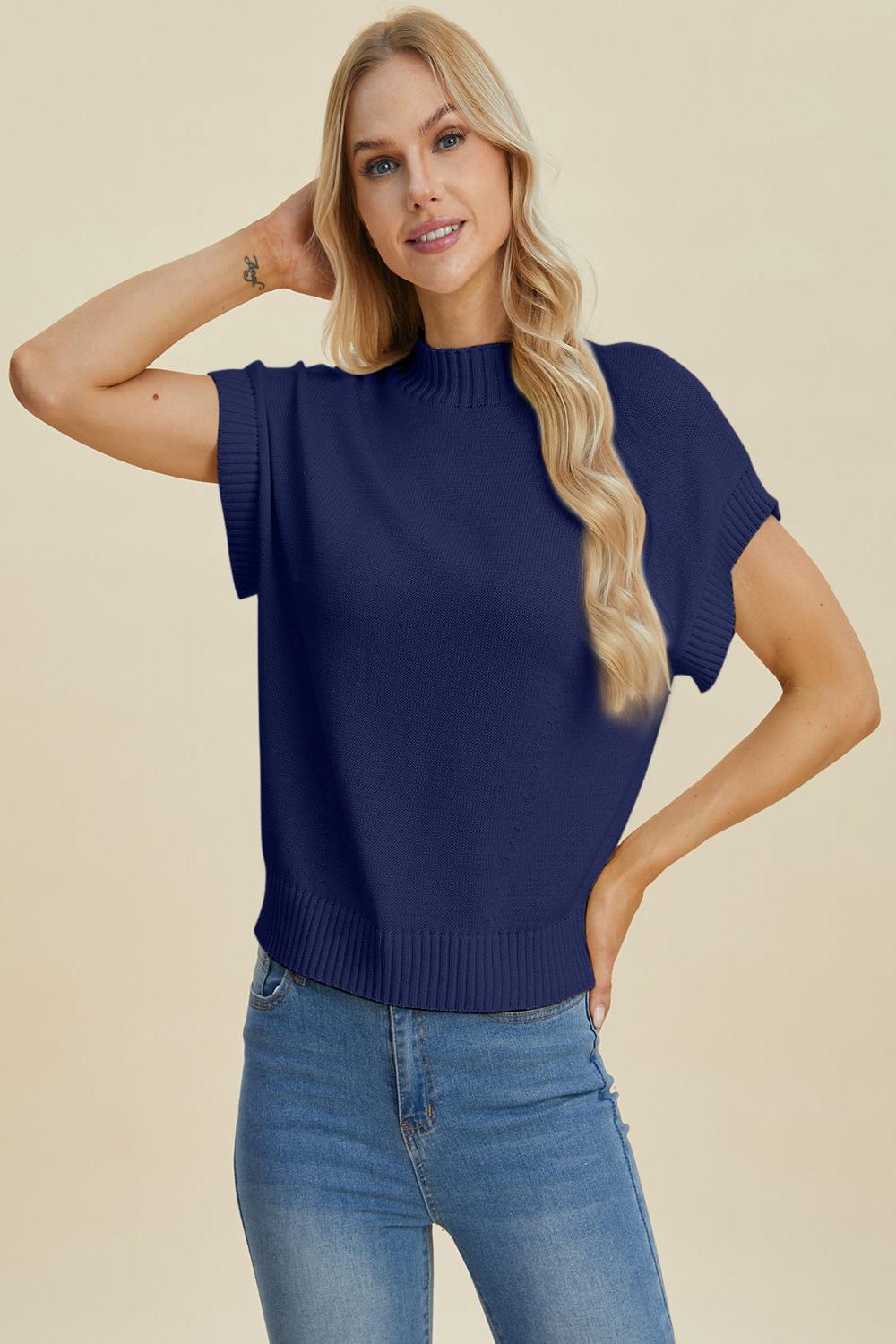  A light gray Double Take full size mock neck short sleeve sweater displayed on a mannequin featuring a relaxed fit and soft texture.