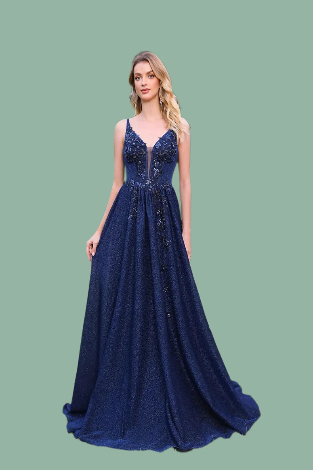 Elegant Vneck prom gown featuring intricate appliques and beading designed as a flowing maxi dress perfect for formal parties.