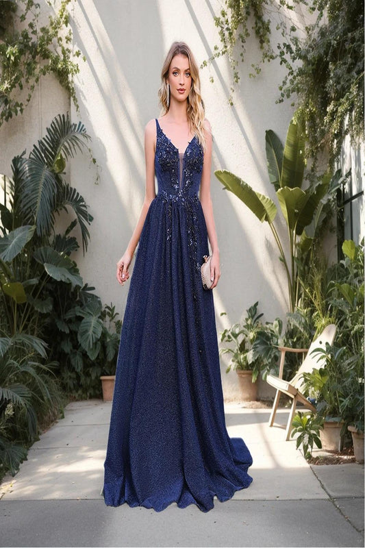 Elegant Vneck prom gown featuring intricate appliques and beading designed as a flowing maxi dress perfect for formal parties.