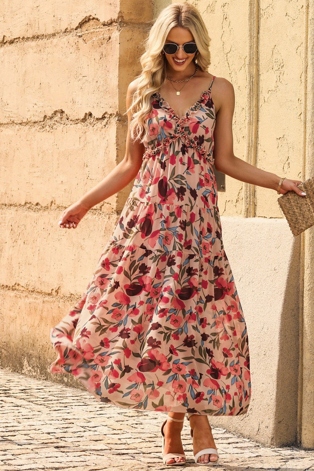 Chic floral maxi dress with frill trim, spaghetti straps, and V-neck.