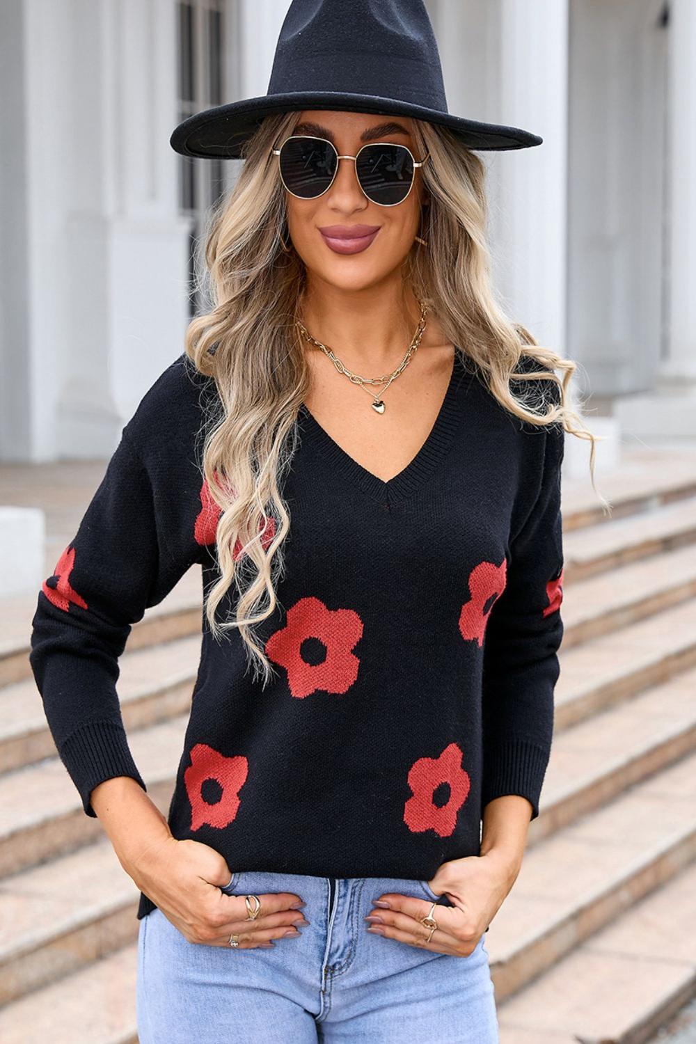 Flower VNeck Long Sleeve Sweater featuring a vibrant floral pattern soft fabric and a relaxed fit displayed on a neutral background.