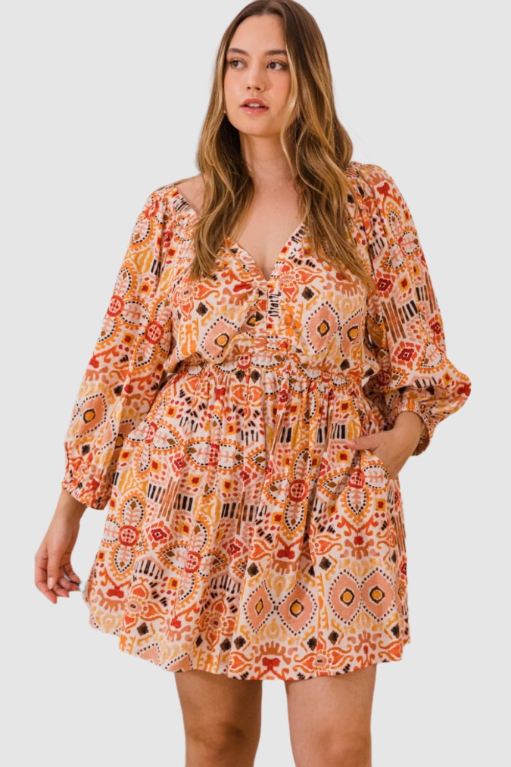 Full Size Printed Ruff Sleeve Romper with Pockets