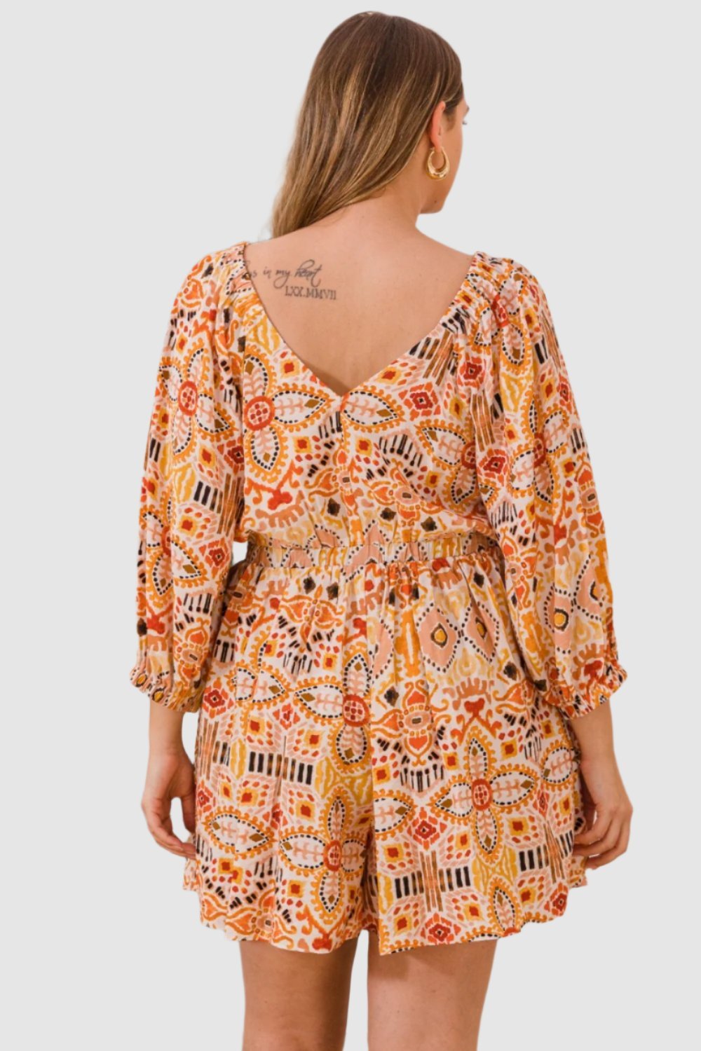 Full Size Printed Ruff Sleeve Romper with Pockets