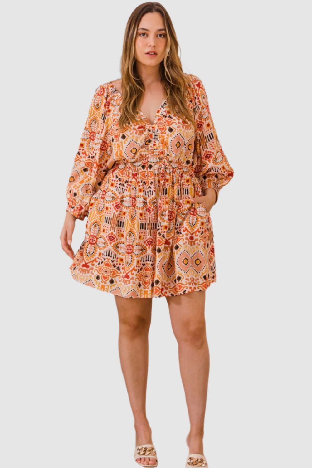 Full Size Printed Ruff Sleeve Romper with Pockets