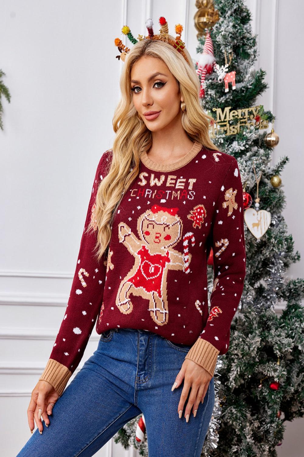  Gingerbreadcolored round neck long sleeve sweater displayed on a neutral background featuring a soft knit texture and a relaxed fit.