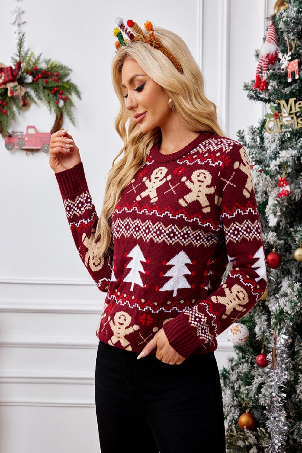  Gingerbreadcolored long sleeve sweater with a round neck featuring a soft knit texture and a relaxed fit.