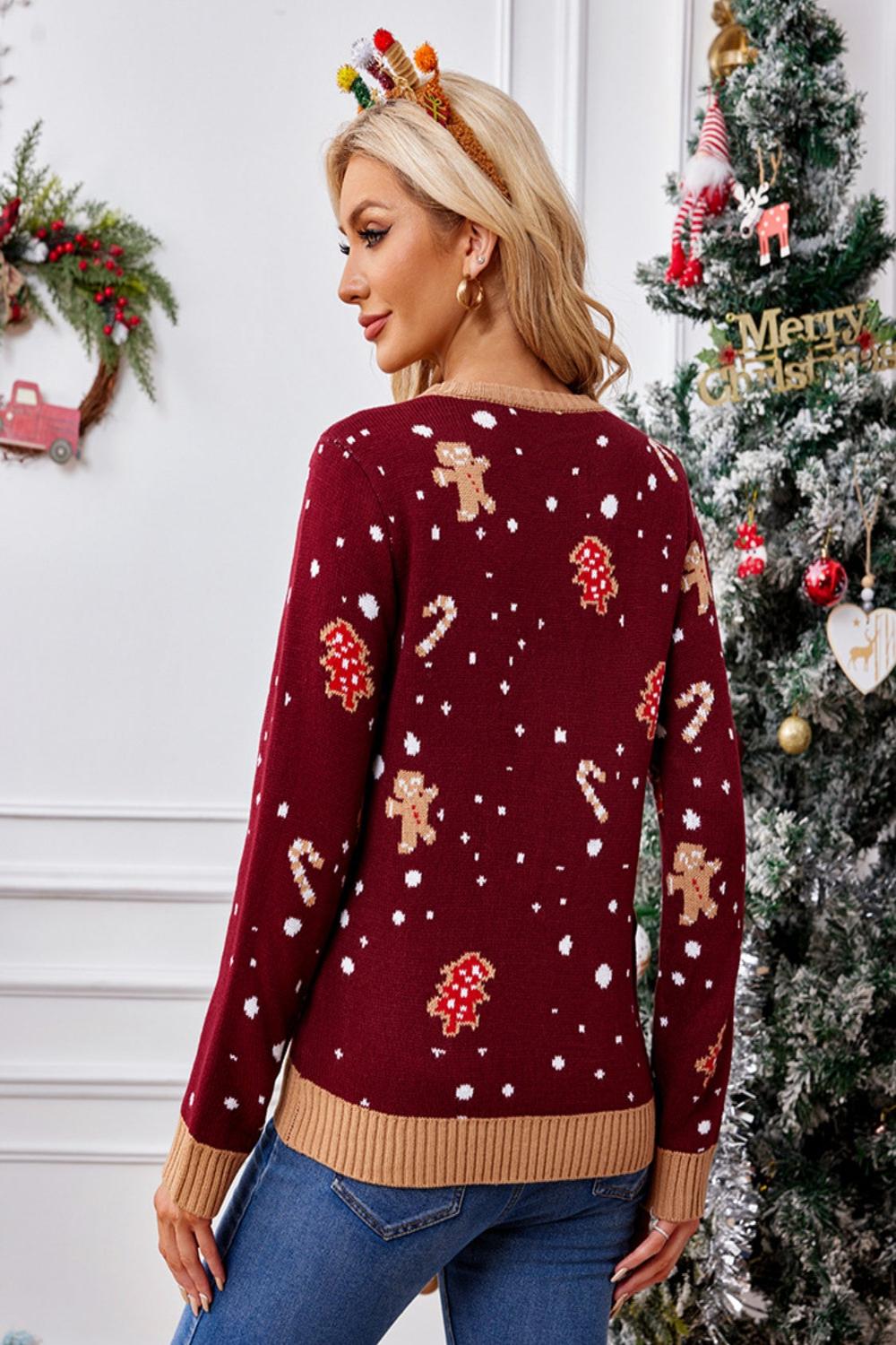  Gingerbreadcolored round neck long sleeve sweater displayed on a neutral background featuring a soft knit texture and a relaxed fit.