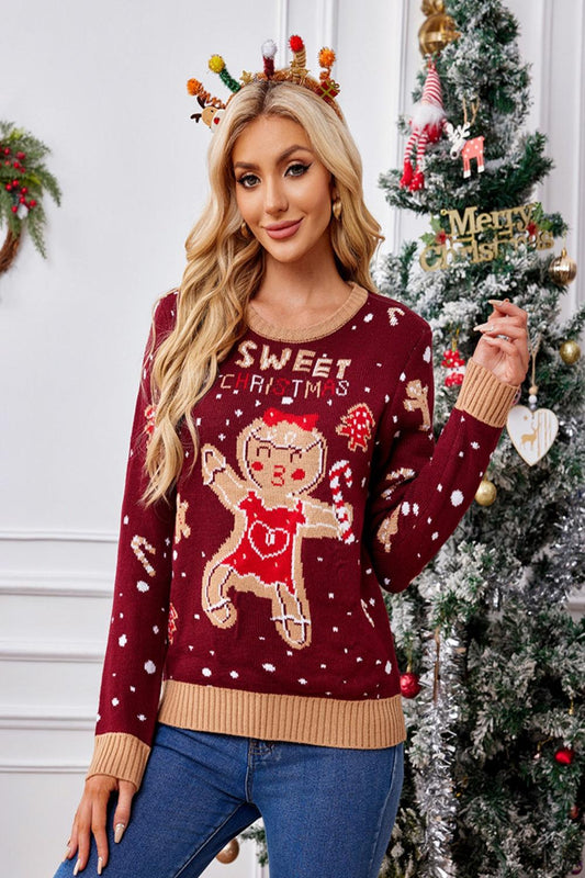  Gingerbreadcolored round neck long sleeve sweater displayed on a neutral background featuring a soft knit texture and a relaxed fit.