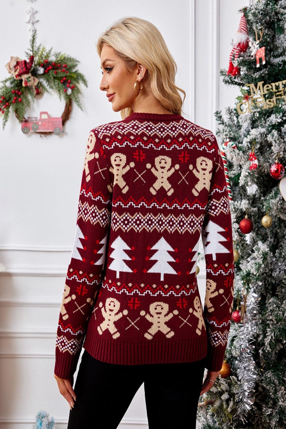  Gingerbreadcolored long sleeve sweater with a round neck featuring a soft knit texture and a relaxed fit.