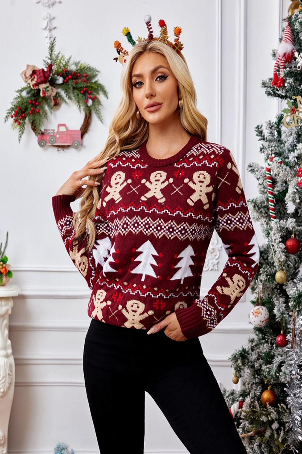  Gingerbreadcolored long sleeve sweater with a round neck featuring a soft knit texture and a relaxed fit.