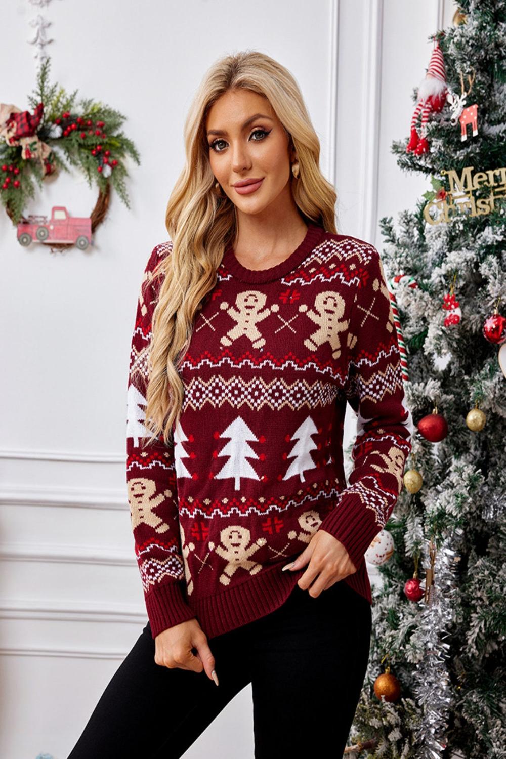  Gingerbreadcolored long sleeve sweater with a round neck featuring a soft knit texture and a relaxed fit.