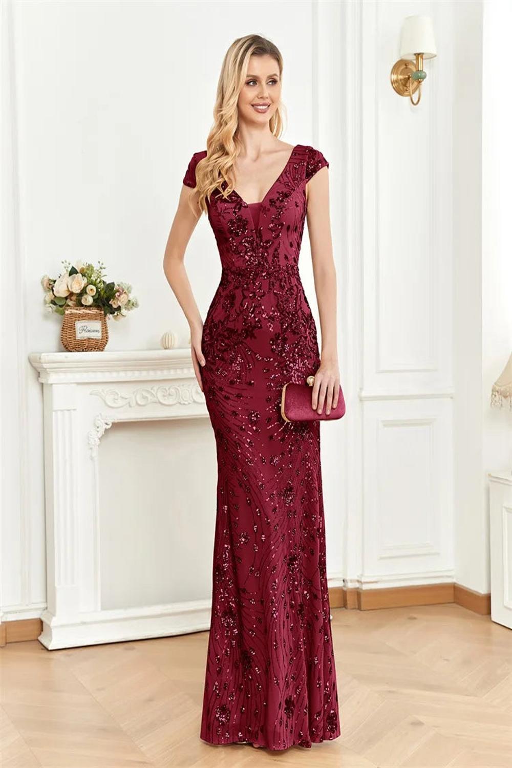 Elegant long formal dress adorned with shimmering sequins featuring a fitted bodice and flowing skirt perfect for prom weddings or cocktail parties.