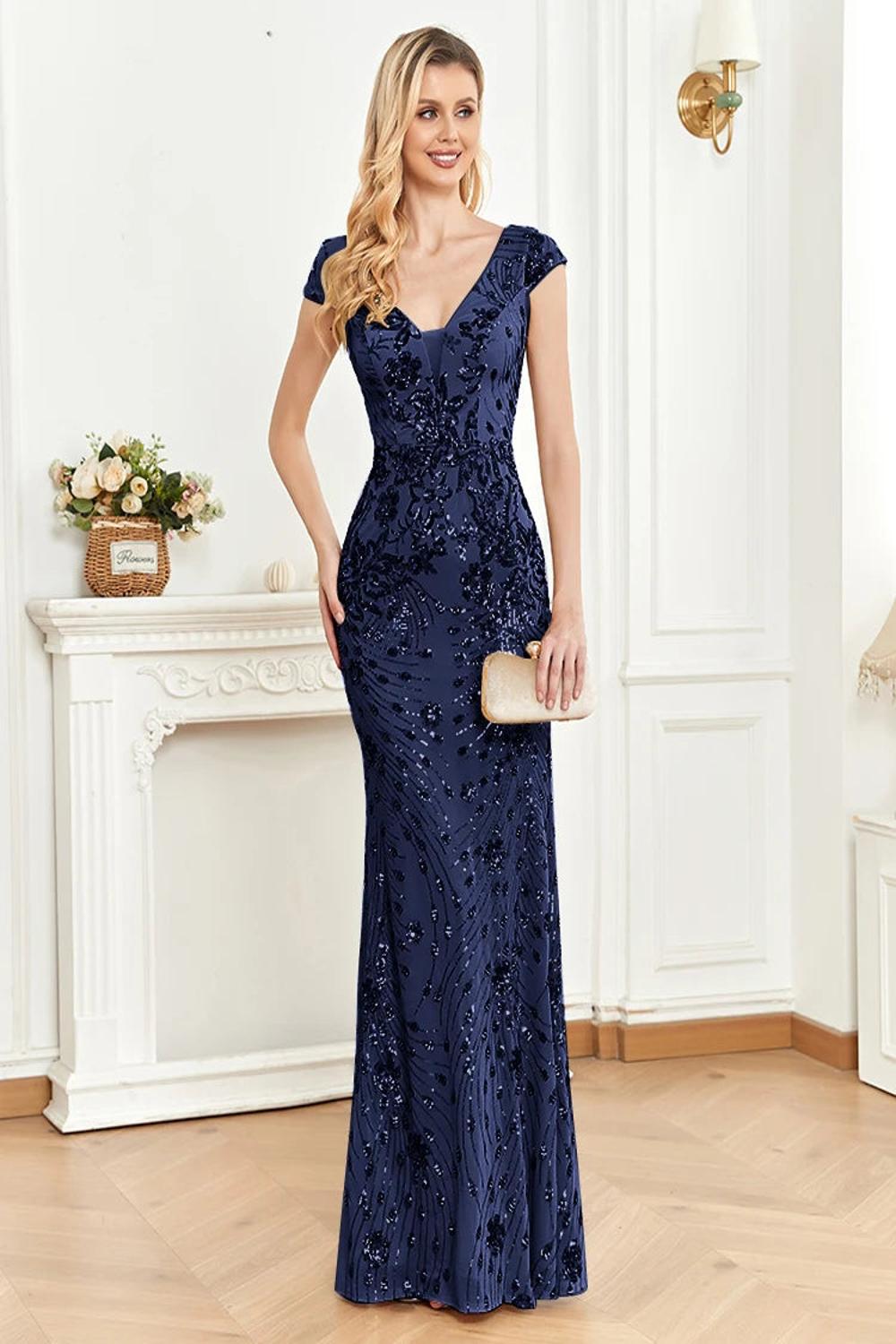 Elegant long formal dress adorned with shimmering sequins featuring a fitted bodice and flowing skirt perfect for prom weddings or cocktail parties.