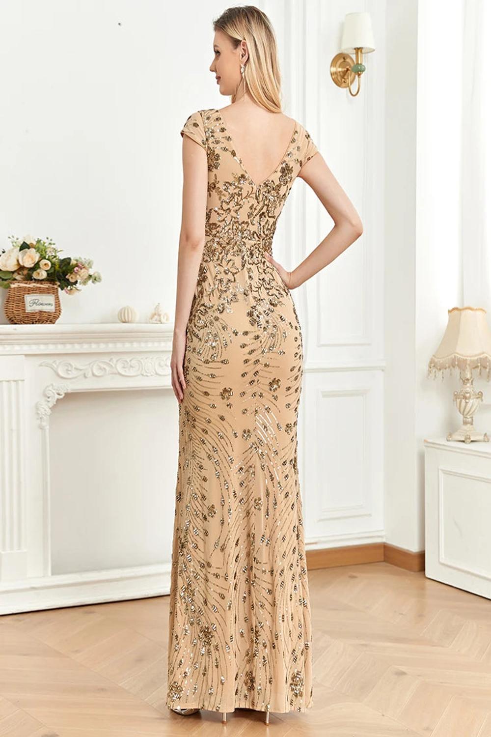 Elegant long formal dress adorned with shimmering sequins featuring a fitted bodice and flowing skirt perfect for prom weddings or cocktail parties.