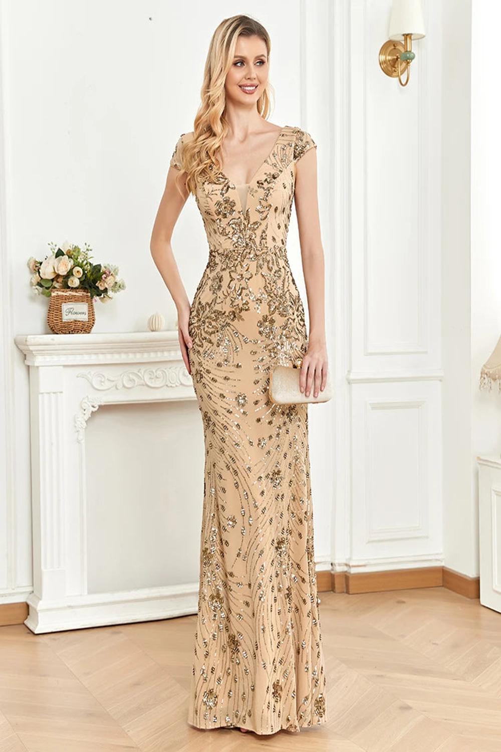 Elegant long formal dress adorned with shimmering sequins featuring a fitted bodice and flowing skirt perfect for prom weddings or cocktail parties.