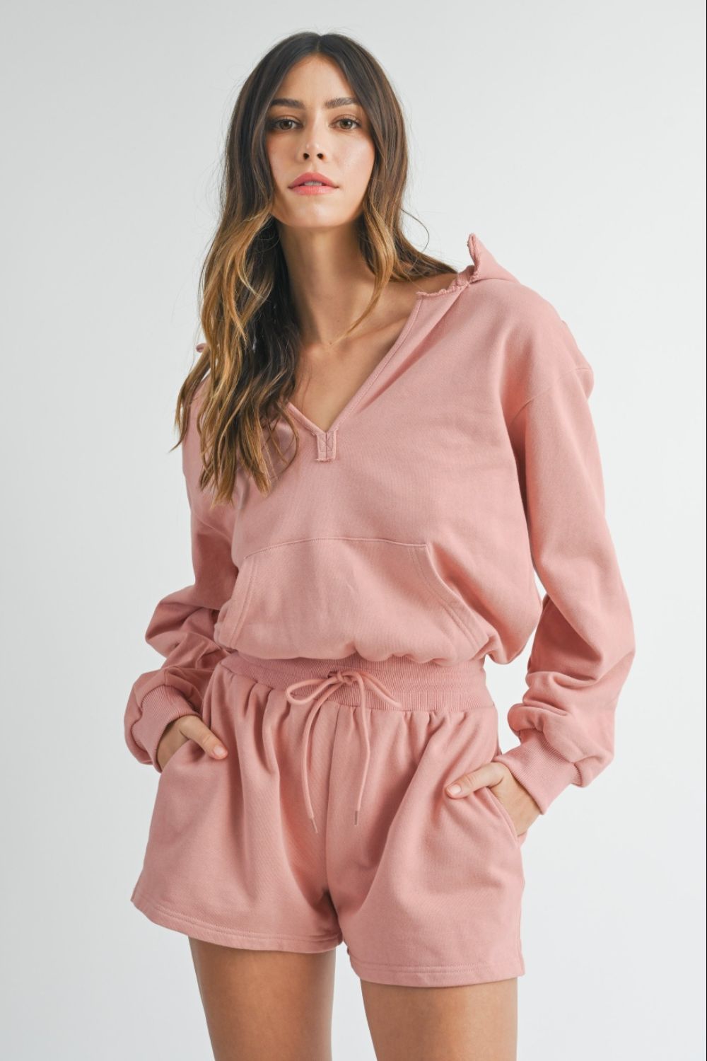 MABLE French terry hooded romper with a relaxed fit and front pockets